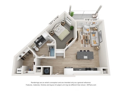 a stylized floor plan with a bedroom and a living room